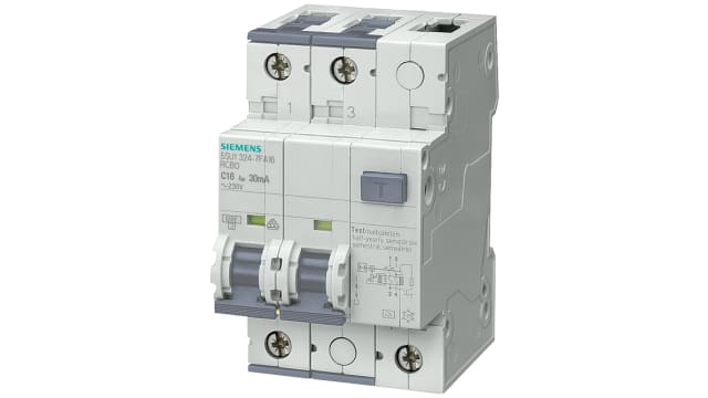 Siemens Residual Current Circuit Breaker with Overload Protection, 13 A Current Rating, 2-Pole, 30 mA Trip Sensitivity, | 5SU1324-7KX13