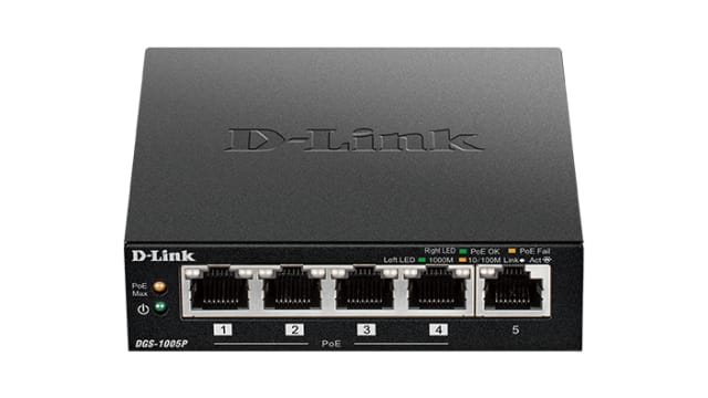D-Link 5-Port Desktop Gigabit PoE+ Switch, Unmanaged 5 Port Gigabit Switch With PoE EU | DGS-1005P/E
