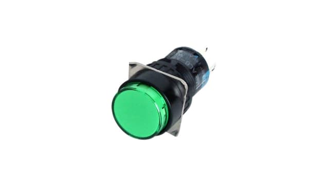 Idec AL6M Series Illuminated Push Button Switch, Momentary, Panel, 16.2 mm Cutout, 2 CO, Green LED, IP65, 24 V 220 V | AL6M-M24PG