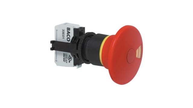 BACO L22DU Series Emergency Stop Push Button, Momentary, Panel, 22 mm Cutout, 2 NC, Red LED, IP66 240 V | L22DU01K