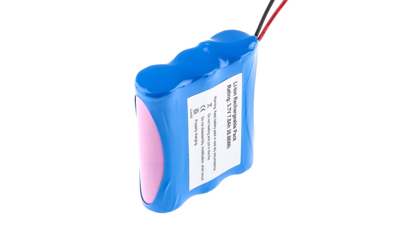 Batería recargable de 3.7V, 7.8Ah, 3 celdas 68 x 55 x mm, terminación en cable | RS