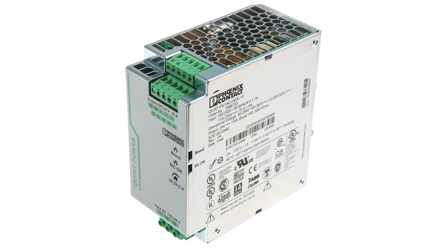 2866763 Phoenix Contact Quint Ps 1ac 24dc 10 Switch Mode Din Rail Power Supply 85 264v Ac Input 24v Dc Output 10a Rs Components