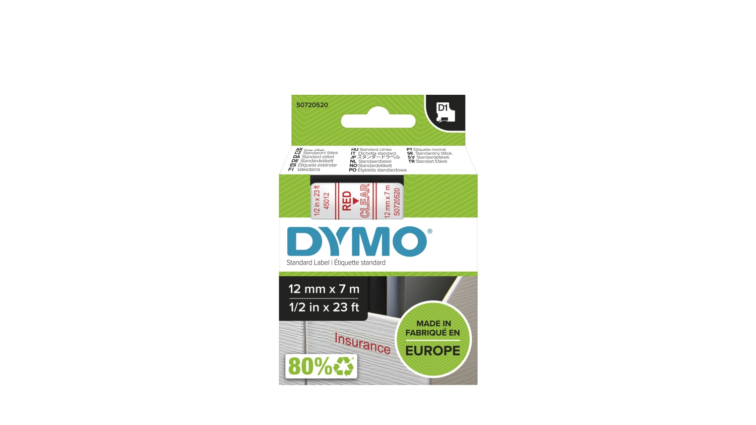 Dymo Red on Clear Label Printer Tape, 12 mm Width, 7 m Length