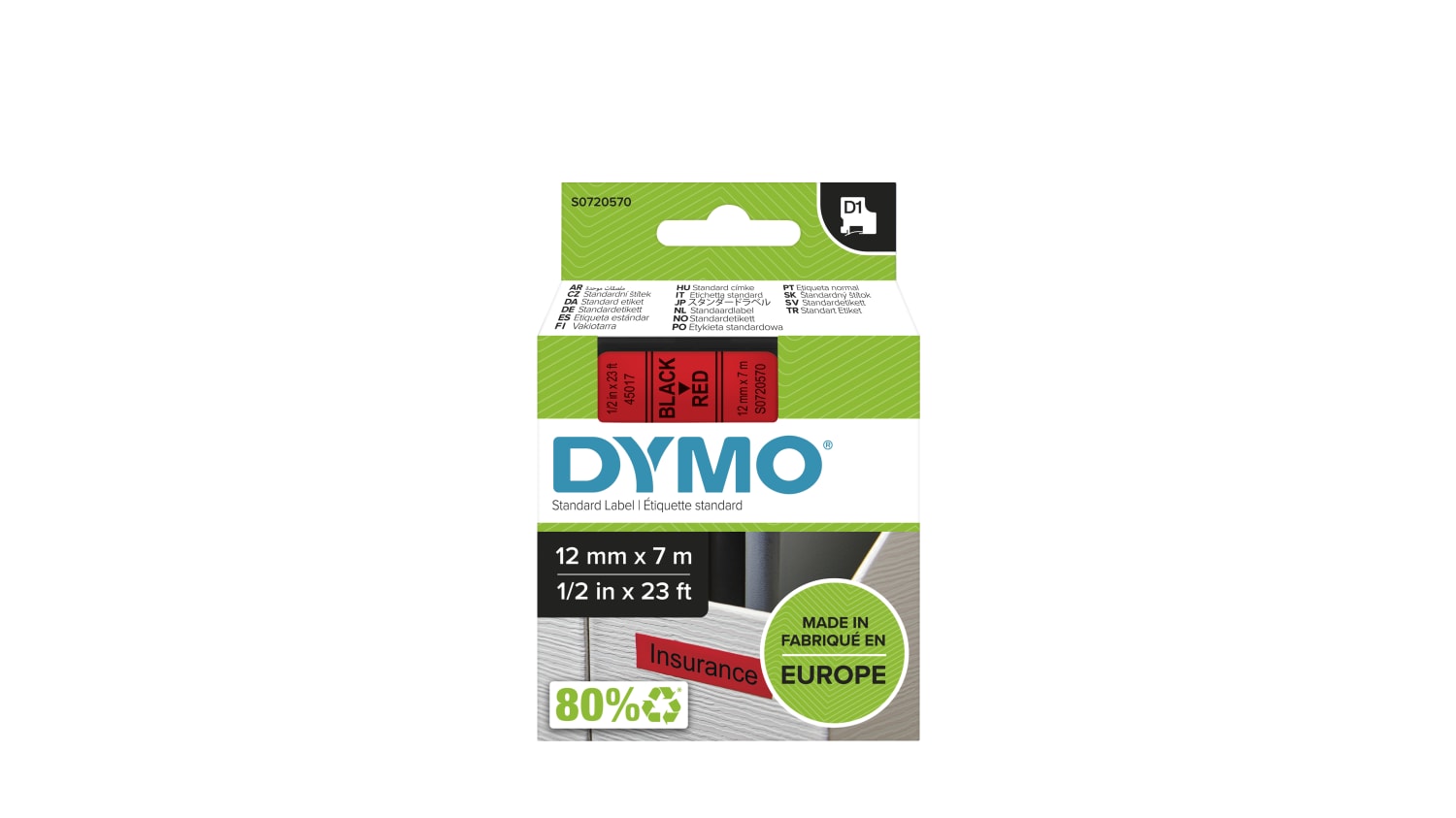 Dymo Black on Red Label Printer Tape, 12 mm Width, 7 m Length for Dymo 160,  Dymo 210D, Dymo 280, Dymo 360, Dymo 420P,