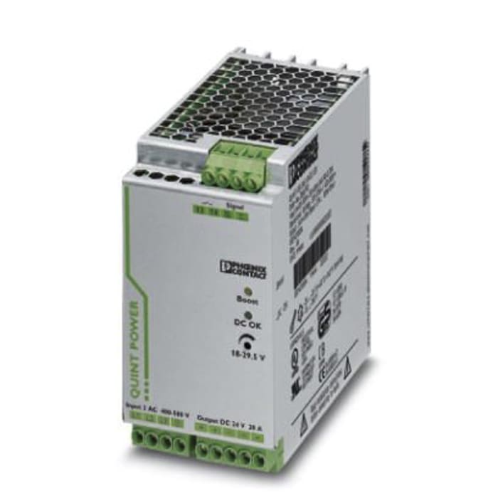 Phoenix Contact QUINT POWER Switched Mode DIN Rail Power Supply, 400V ac ac Input, 24V dc dc Output, 20A Output, 480W