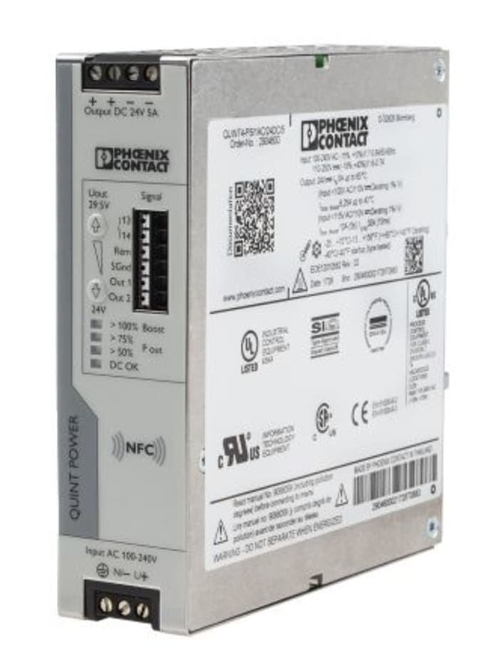 Phoenix Contact QUINT POWER Switched Mode DIN Rail Power Supply, 100 → 240V ac ac Input, 24V dc dc Output, 5A