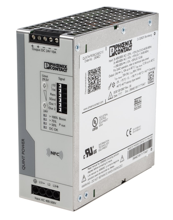 Phoenix Contact QUINT POWER Switched Mode DIN Rail Power Supply, 400V ac ac Input, 24V dc dc Output, 10A Output, 240W