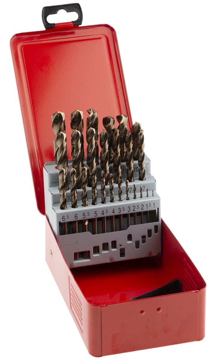 RS PRO 25-Piece Twist Drill Bit Set for Metal, 13mm Max, 1mm Min, HSS-E Cobalt Bits