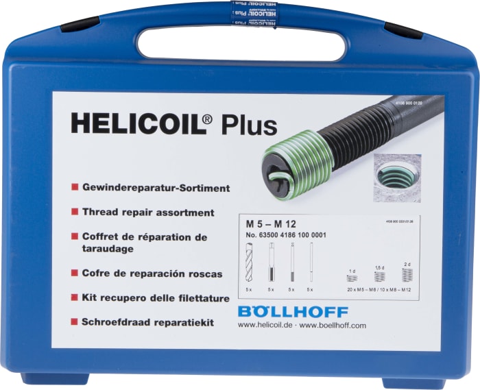 Kit di riparazione della filettatura M5x5/7,5/10 mm, BÖLLHOFF HELICOIL®  Plus Kit 64 pezzi incl. trapano a rotazione, rubinetto manuale (HSS),  mandrino di montaggio, rompigetto