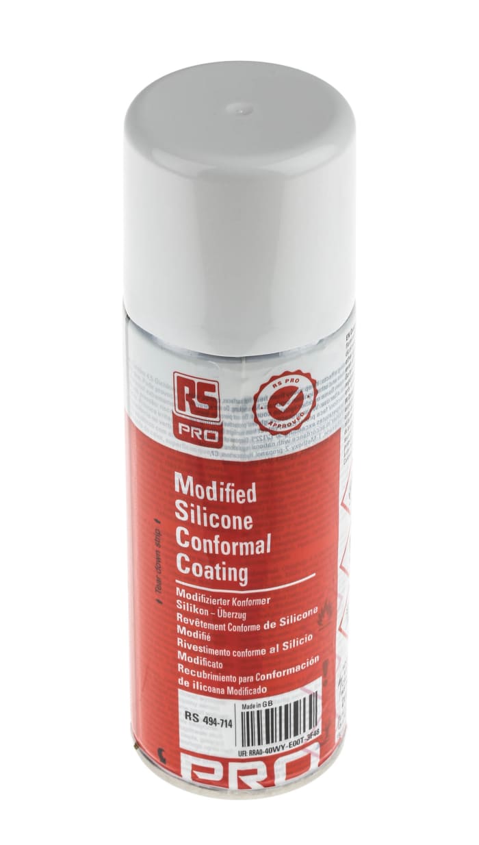 RS PRO Transparent Silicone Resin Conformal Coating, 200 ml Aerosol, -70°C min, +200°C max