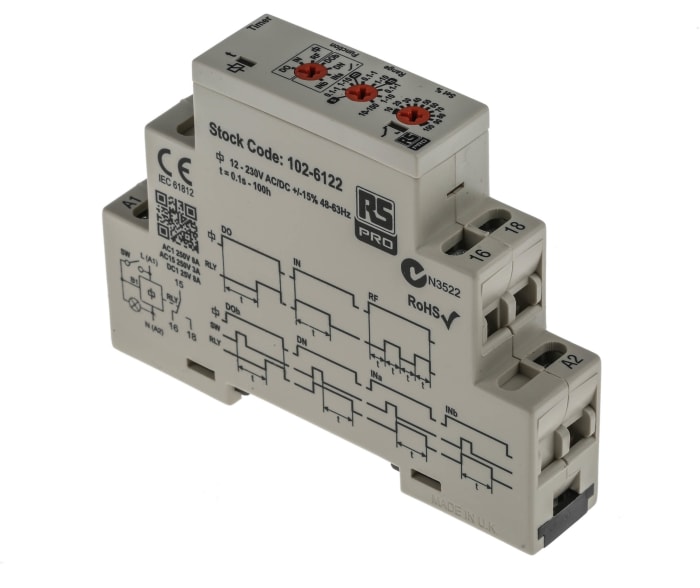 RS PRO DIN Rail Mount Timer Relay, 12 → 230V ac/dc, 0.1 s → 100h, SPDT