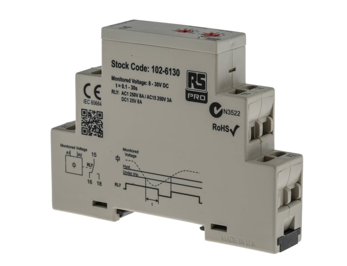 RS PRO Voltage Monitoring Relay, 1 Phase, SPDT, 12 → 24V dc, DIN Rail