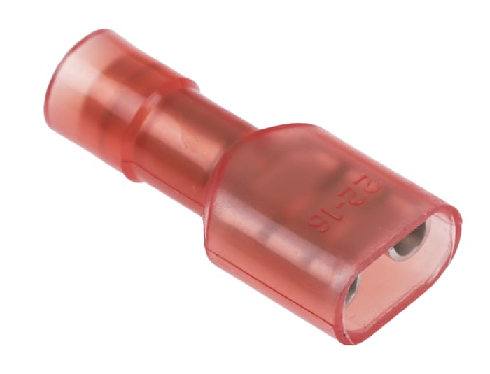 RS PRO Red Insulated Female Spade Connector, Double Crimp, 6.35 x 0.8mm Tab Size, 0.5mm² to 1.5mm²