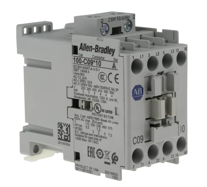 Allen Bradley 100 Series 100C Contactor, 230 V ac Coil, 3-Pole, 9 A, 4 kW, 3NO, 690 V ac