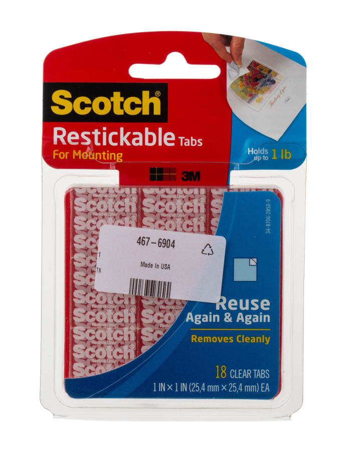 Carré adhésif double face Transparent 3M Restickable, 25.4mm x 25mm 35,8 N/cm