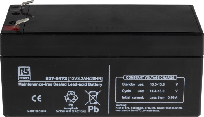 RS PRO 12V T1 Sealed Lead Acid Battery, 3.2Ah