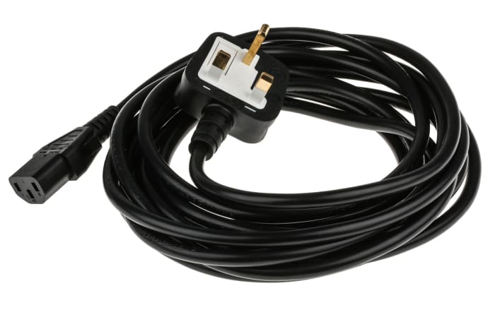 Cable de alimentación RS PRO Negro de 5m, con. A IEC C13, hembra, con. B Conector macho para Reino Unido tipo G, macho,