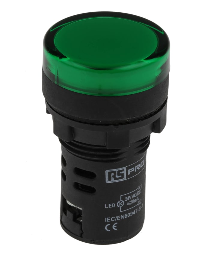 Voyant lumineux LED RS PRO Vert 24V c.a. / V c.c., Ø découpe 22mm, Montage panneau, IP65