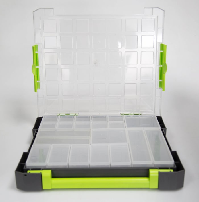 Caja organizadora RS PRO de 16 compartimentos de PP Transparente, Gris,  Verde, 325mm x 70mm x 375mm