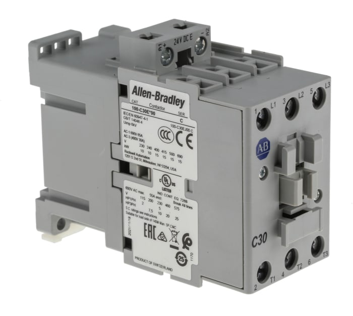 Allen Bradley 100 Series 100C Contactor, 24 V dc Coil, 3-Pole, 30 A, 15 kW, 3NO, 690 V ac