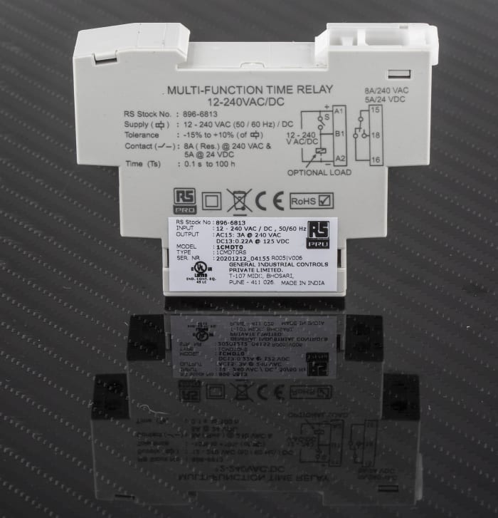 Rs Pro Rs Pro Spdt Multi Function Timer Relay Multi Function 12 240v Ac Dc 0 1 S 100h Din Rail Mount 896 6813 Rs Components
