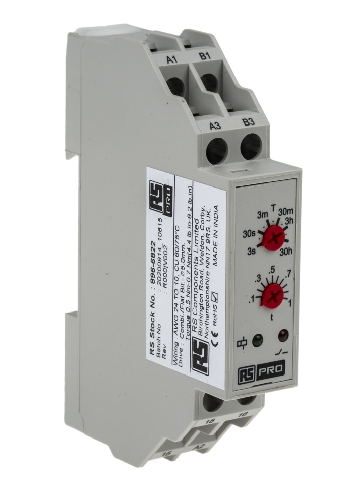 RS PRO DIN Rail Mount Timer Relay, 24V ac, 1-Contact, 0.3 s → 30h, 1-Function, SPDT