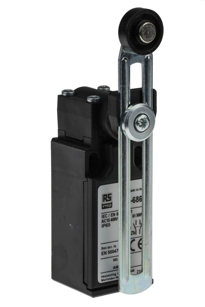 RS PRO Adjustable Roller Lever Limit Switch, NO/NC, IP65, DPST, Thermoplastic Housing, 400V ac Max, 10A Max