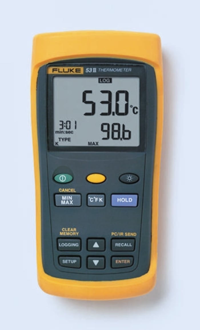 Fluke 53 II B Handheld Digital Thermometer, E, J, K, N, R, S, T Probe, 1 Input(s), +1767°C Max, ±0.4 °C Accuracy