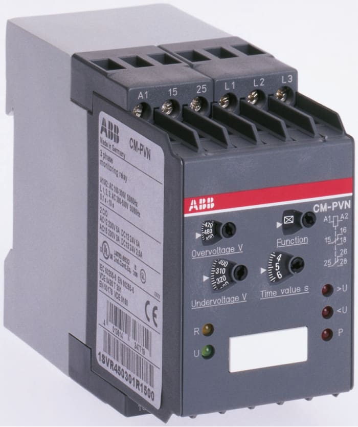 ABB Kontrol Rölesi, 2NO/2NC, Faz, Gerilim, 3 Fazlı, Besleme Gerilimi: 300 → 500 V ac