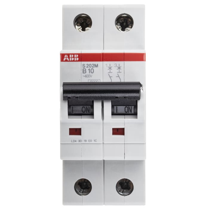 ABB System Pro M Compact S200M MCB, 2P, 10A Curve B, 440V AC, 125V DC, 10 kA Breaking Capacity