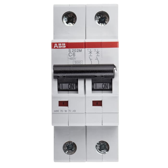 ABB System Pro M Compact S200M MCB, 2P, 6A Curve C, 440V AC, 125V DC, 10 kA Breaking Capacity