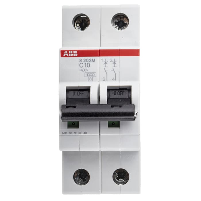 ABB System Pro M Compact S200M MCB, 2P, 10A Curve C, 440V AC, 125V DC, 10 kA Breaking Capacity