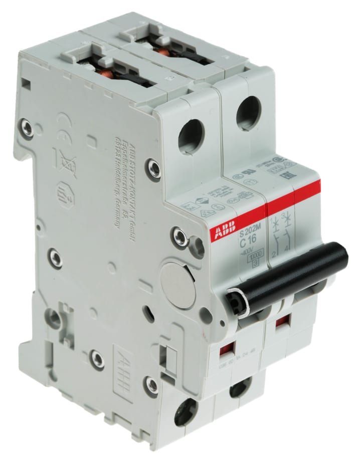 ABB System Pro M Compact S200M MCB, 2P, 16A Curve C, 440V AC, 125V DC, 10 kA Breaking Capacity