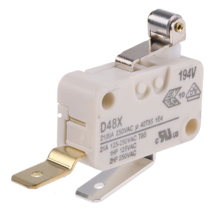 Cherry Short Roller Lever Microswitch, Tab Terminal, 21 A @ 250 V ac, SPST