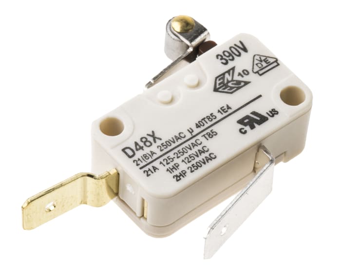 Cherry Short Roller Lever Microswitch, Tab Terminal, 21 A @ 250 V ac, SPST