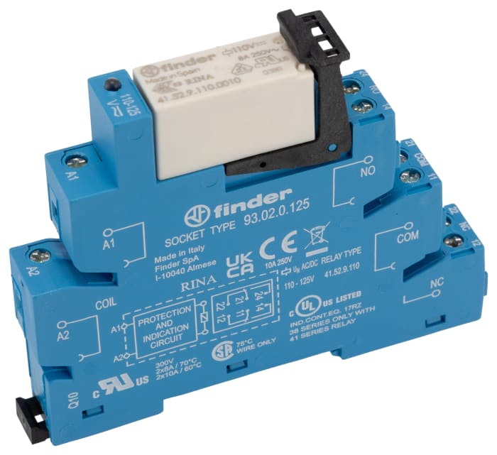 Finder 38 Series Interface Relay Module, DIN Rail Mount, 125V ac/dc Coil, DPDT, 2-Pole, 8/15A Load