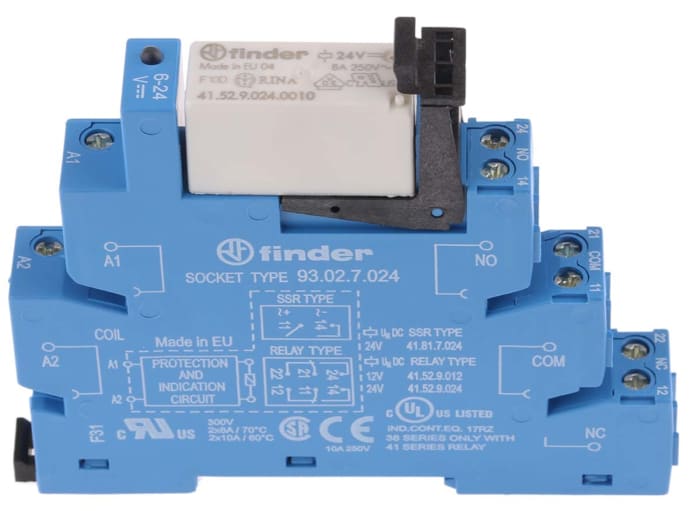 Relé modular Finder 38, DPDT, 24V dc, Carril DIN 19.5mA