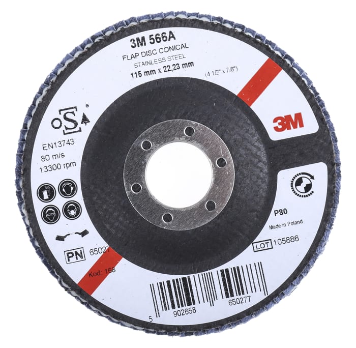 3M 566A Zirconia Aluminium Flap Disc, 115mm, Medium Grade, P80 Grit