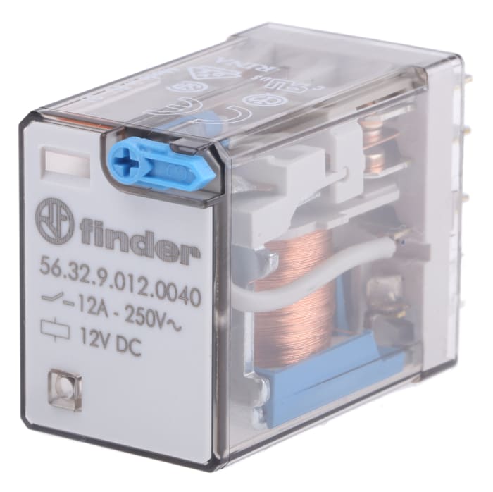 Relé de potencia sin enclavamiento Finder 56 Series de 2 polos, DPDT, bobina 12V dc, 12A, enchufable