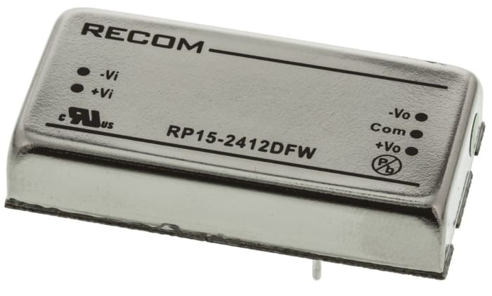 Recom RP15-FW DC-DC Converter, ±12V dc/ ±625mA Output, 9 → 36 V dc Input, 15W, Through Hole, +75°C Max Temp