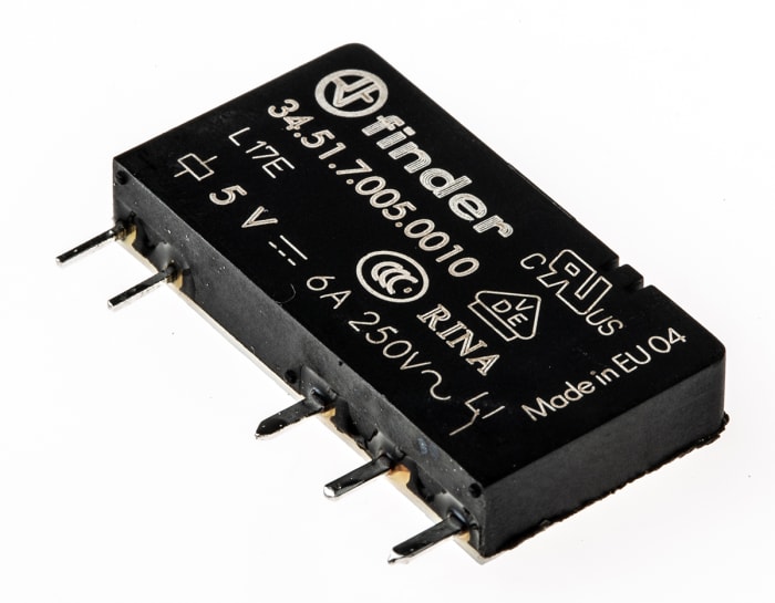 Relais de puissance Finder 34, 1 RT, bobine 5V c.c. Montage sur CI 170mW