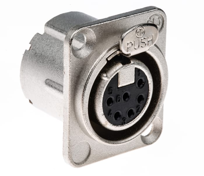 Neutrik Panel Mount XLR Connector, Female, 50 V, 6 Way, Silver over Nickel Plating