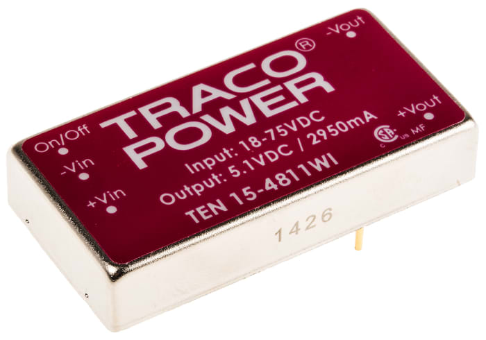 TRACOPOWER TEN 15WI DC-DC Converter, 5V dc/ 2.95A Output, 18 → 75 V dc Input, 15W, Through Hole, +85°C Max Temp
