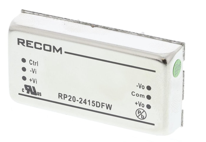 Recom RP20-FW DC-DC Converter, ±15V dc/ ±667mA Output, 9 → 36 V dc Input, 20W, Through Hole, +105°C Max Temp