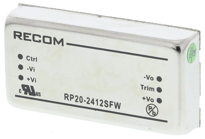 Recom RP20-FW DC-DC Converter, 12V dc/ 1.67A Output, 9 → 36 V dc Input, 20W, Through Hole, +105°C Max Temp -40°C