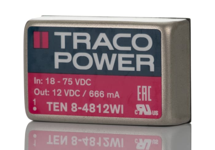 TRACOPOWER TEN 8WI DC-DC Converter, 12V dc/ 666mA Output, 18 → 75 V dc Input, 8W, Through Hole, +85°C Max Temp
