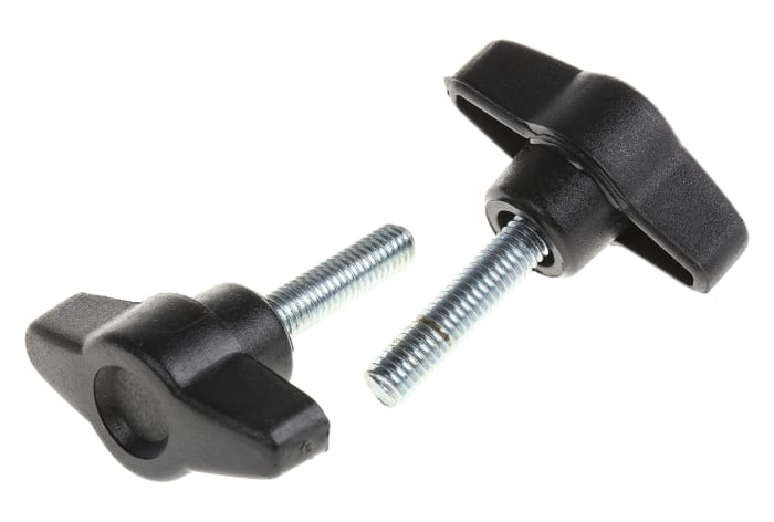 RS PRO Black Wing Clamping Knob, M6, Threaded Stud