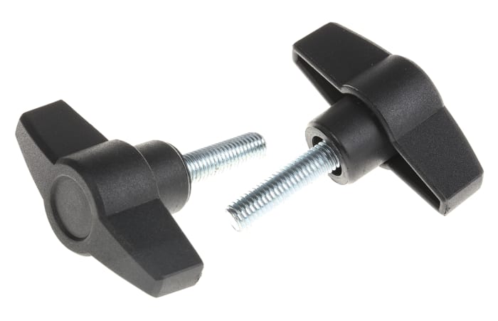 RS PRO Black Wing Clamping Knob, M8, Threaded Stud