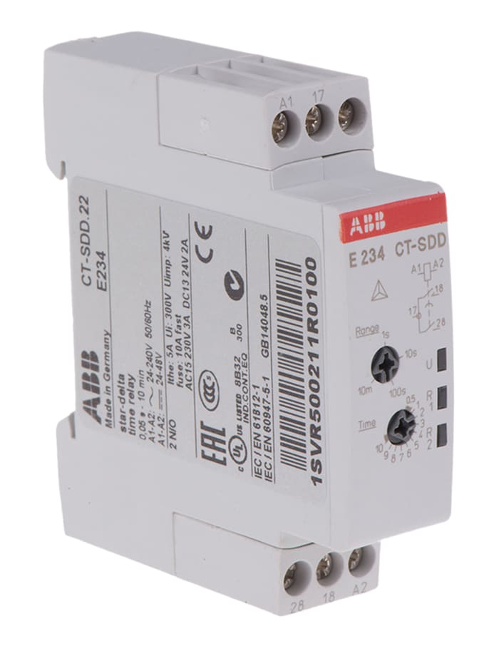 ABB 1SVR Series DIN Rail Mount Timer Relay, 24 → 240 V ac, 24 → 48V dc, 2-Contact, 0.05 s → 10min,