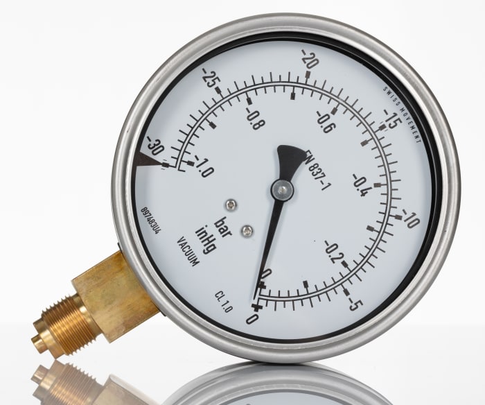 RS PRO BSP 3/8 Analogue Pressure Gauge 0bar Bottom Entry 100mm Outside Diameter